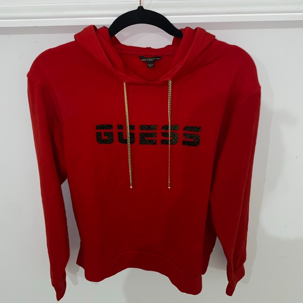 Red Guess hoodie with gold chain strings. Great condition worn once! (Small)